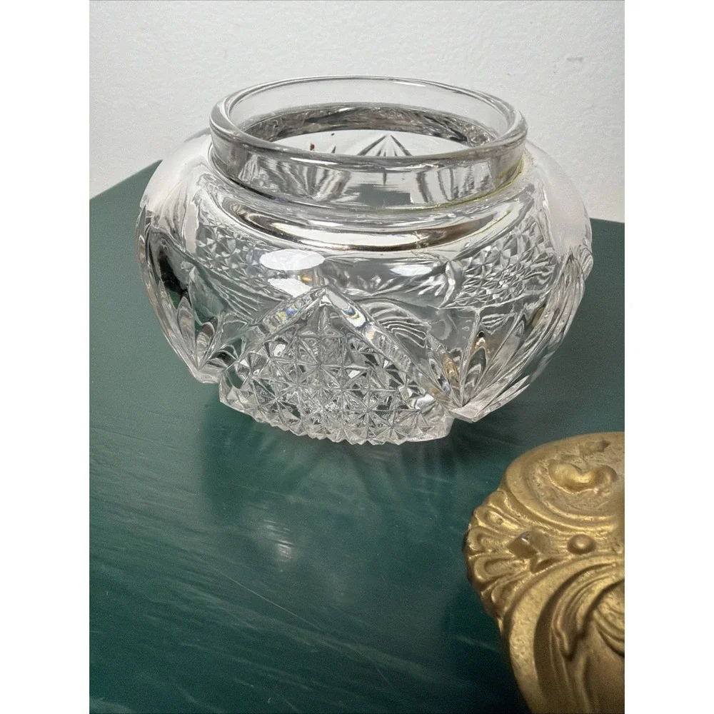 Art‎ Nouveau Crystal Hair Receiver w/ Brass Tone Ornate Lid Edwardian Vintage